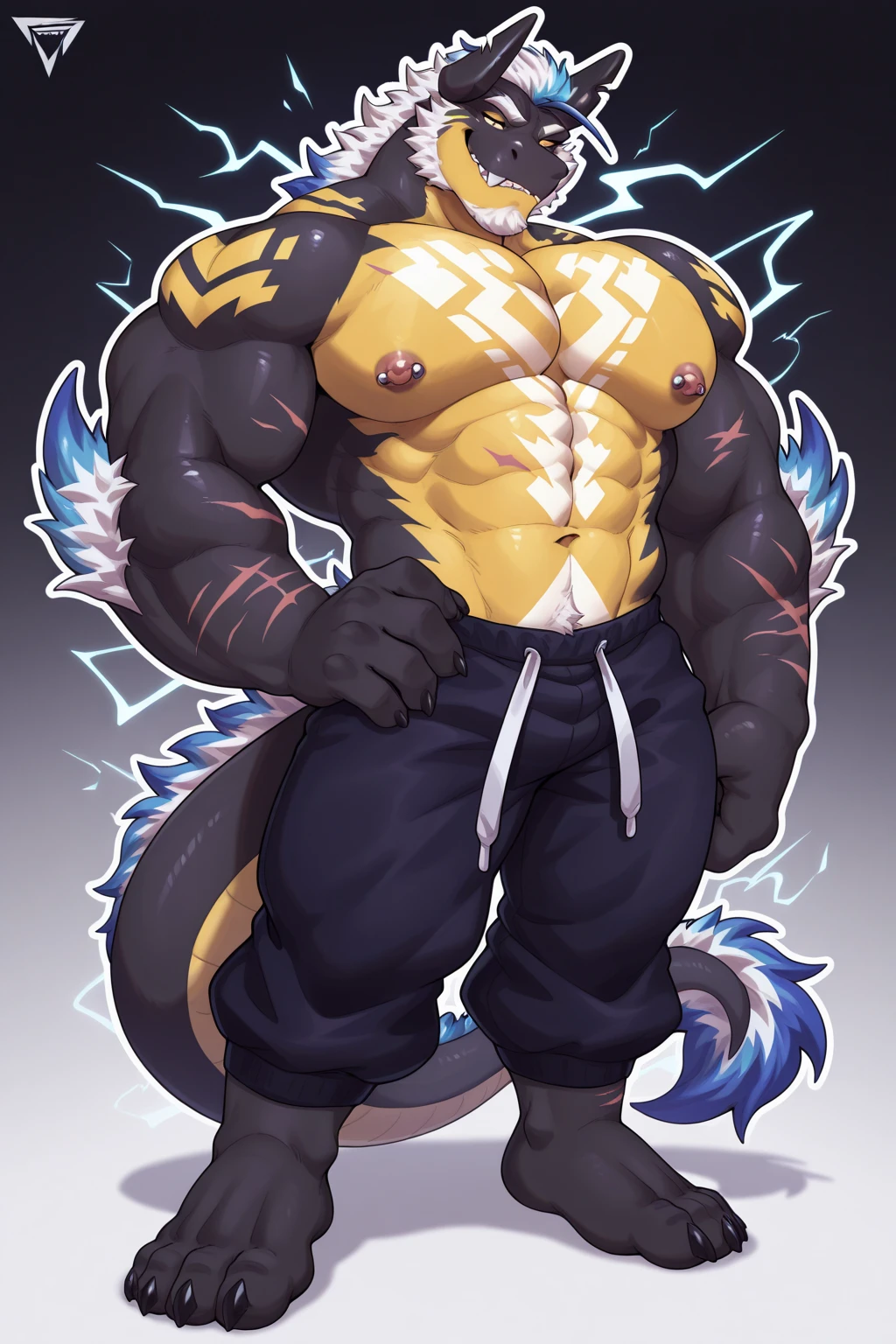 Solo, Anthro, male (((solgaleo, lion, blue sclera, muscular, big pecs, abs, yellow nipples, white fur, black body, black nose, multicolored body, multicolored fur, multicolored mane, white mane, mane, grey pecs, black chest, black abdomen, white arms, white legs, 5 fingers, tail, white tail, yellow tipped tail, markings, orange tipped mane, orange speedo, big bulge))) standing, pokemorph, biped ((focus grey abdomen, focus solgaleo, focus grey chest)) full body, perfect anatomy, by darkgem, by mystikfox61, by glitter trap boy