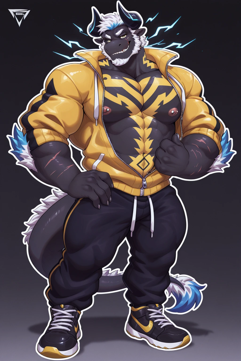 a giant gigantically muscular anthro sergal, full body latex bodysuit, his gigantic hyper giant penis and balls bulge, shiny velvet fur, he has huge round pecs, , massive arms, big thick thighs, broad shoulders. his giant arms are above his head. hes wearing a black harness with super thick straps, belly , legs wide, small head, huge black glossy nipples pierced, big long tail, lots of gold jewellrry, surrounded by gold trinkets, muzzle tied shut with strap, dynamic mischevious pose, side view, wide angle lens, by darkgem