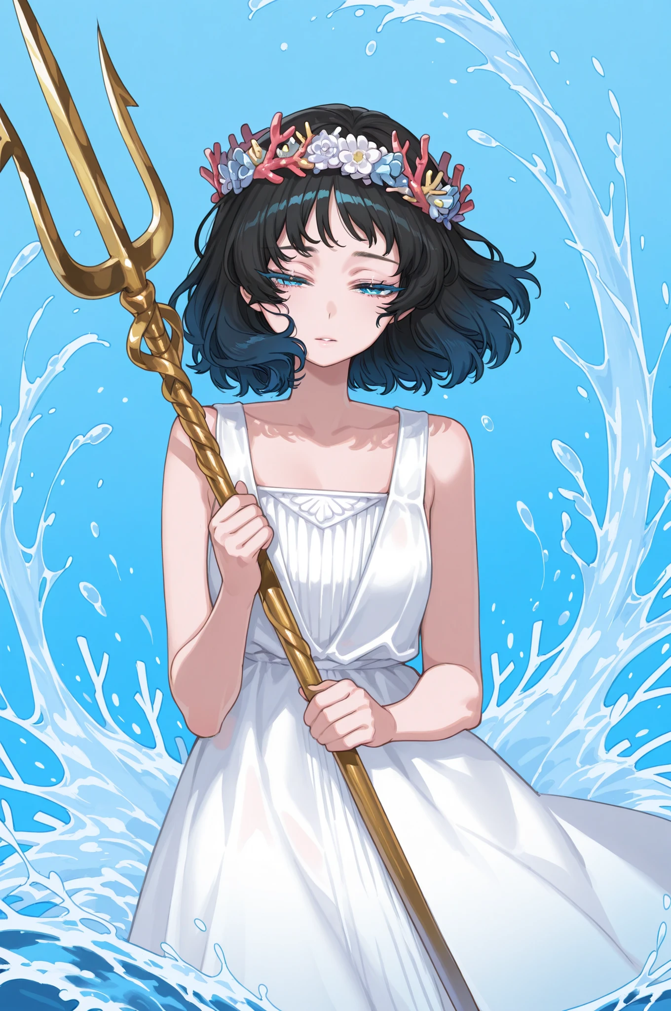 1 woman, short hair, wavy black hair, bangs, cyan gradient hair, white greek dress, blue shells details, coral wreath crown, golden trident, blue background, look at viewer, water splashes, half-closed eyes, blue eyelashes 