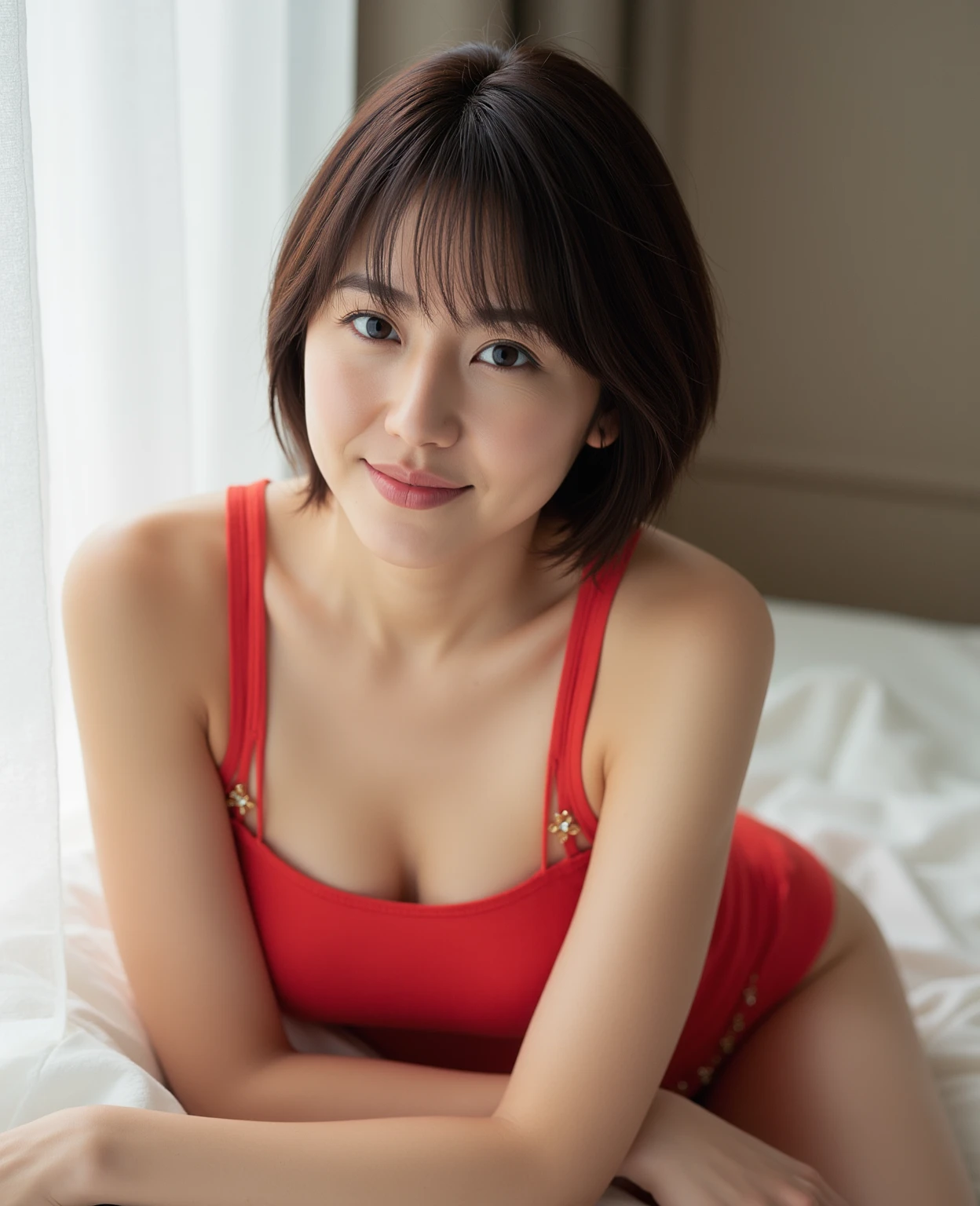 Masterpiece, photogravure, highest quality, clear contours, (One Girl, alone), Japanese woman, 30 years old, lipstick, cute face, detailed face, beautiful eyes, detailed eyes, focus on the eyes, bob hair, Anatomically correct body structure, wearing body-fitting costumes, getting on all fours, lifting butts, shot from the front