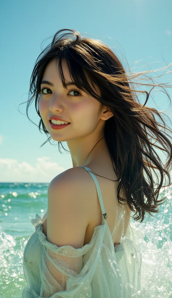 ((RAW image quality:1.4)), (camel toe:1.2), (最high quality), high quality, ((masterpiece)), High resolution, 8K, very detailed, High dive, 1 girl, Japanese, 22 years ago, smile, long hair, (Medium bust), Yellow tiny bikini, strong sunlight, The best blue sky, Large white entrance cloud, Beautiful blue sea, ((The moment of diving into the sea)), Capture with high-speed shots, Fine splashes, Fine flowing bubbles, biologically correct, shot from below,