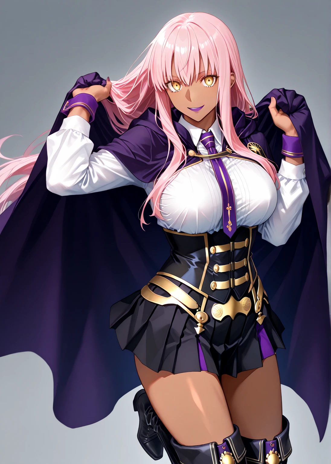 ANIME
1girl, long hair, Ebony skin, ebony-skinned female, magenta hair, hair over one eye, busty, makeup, huge and round breasts, ponytail, yellow eyes, lips, thick thighs, magenta hair, yellow Elizabeth Mably's clothes, Elizabeth Mably's skirt, serious face, white high socks