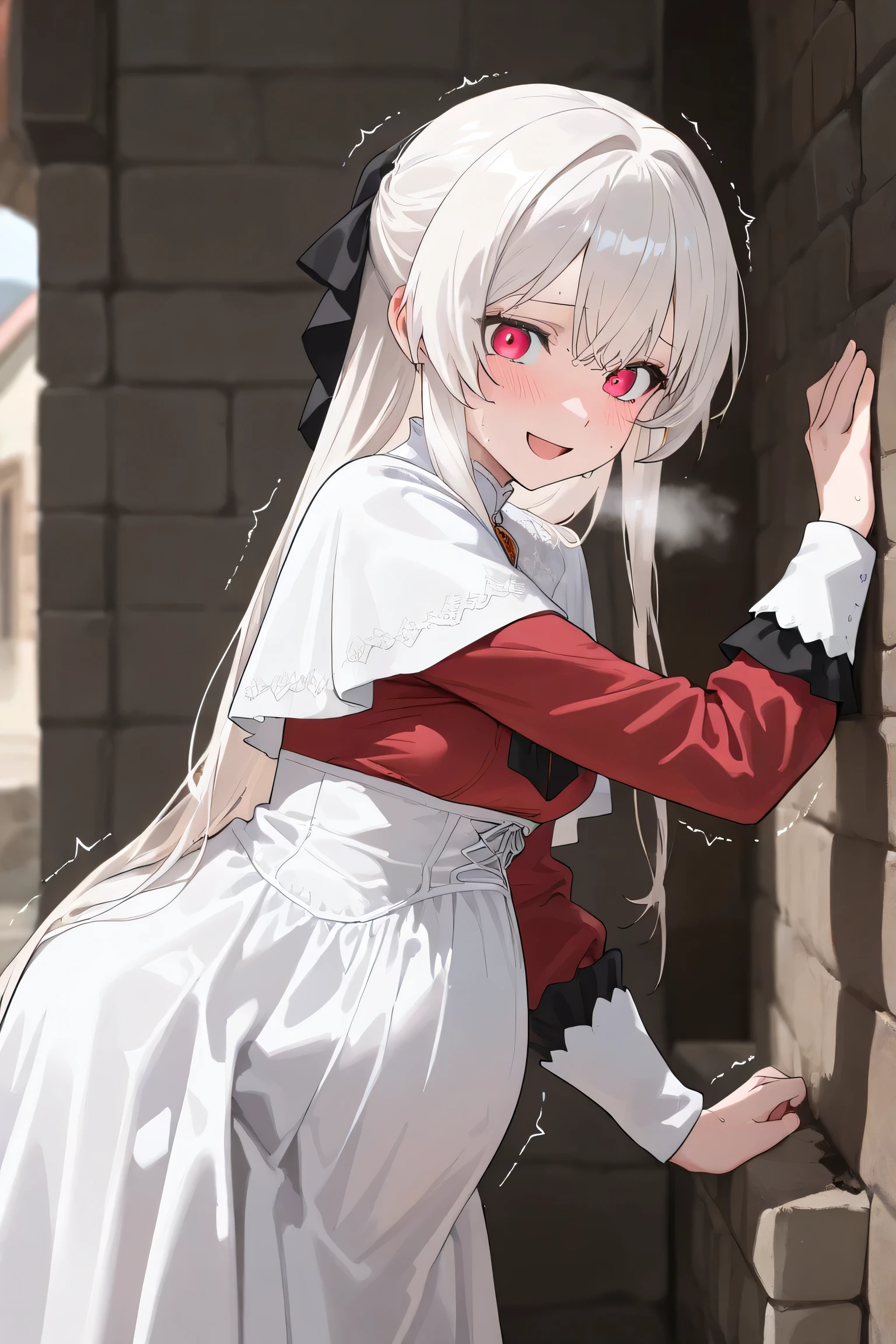 (Best quality, 4k, 8k, high resolution, masterpiece:1.2), ultra detailed, intricate details, beautiful girl, SOLO,  alone, long white hair, bangs, red colored eyes, small-medium breasts, perfect smooth skin, head tilted, (Pregnant:1.0), black ribbon hair, victorian dress, red dress, side view, pain, at medieval town on streets, white capelet, looking at viewer, smile lighly, Hand on wall, lean forward, looking down, sweating, (Blush:1.0), open mouth, embarrassed, heavy breathing, trembling, water broke, [[pussy:1.5]],