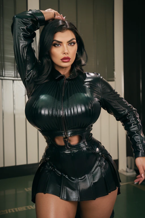 close up portrait of tall female with angry face and small head, black long hair with ponytail, very tanned skin, (german etnicity), (makeup:1.2), highcut leather thong pulled up over the hips, huge saggy breasts, very angry and threatening expression, looking at us with dominant attitude, tight leather corset with zip, black leather gloves over the elbows, Pilar Fogliati, narrow nose, large and prominent chin, (highly detailed face:1.4) (private study:1.3) POV, nikon d850, slightly chubby arms wrapped in the black leather gloves, very aggressive and ready to strike her prey, hazelnut eyes, very dark eyeshadow, black background