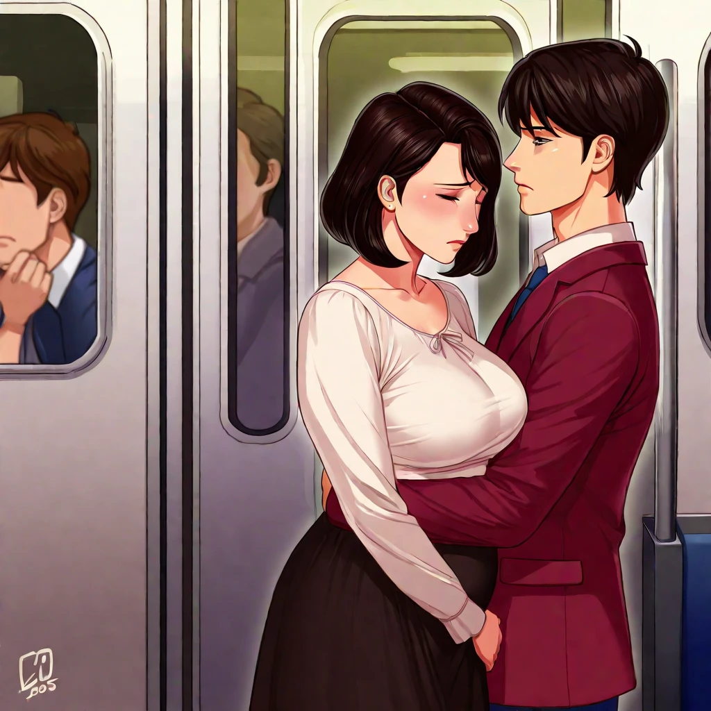 ((The mature woman is wearing a bright blue blouse:1.5)))((Wearing a long black skirt))((From an angle where you can see the whole body)))(((Sitting in a seat on a crowded train:1.8))))((She is facing the viewer with her legs spread in an M-shape)))、((Her bright red panties are in full view))、((Smiling shyly:))Sexy brown woman1people、Highest quality、超High resolution、High resolution、Detailed CG、8k wallpaper、50 years old、Detailed and beautiful、(Brown and shiny body、:1.5)、Embarrassed、(A dreamy face:1.5)、(The shape of your lips when kissing with your tongue out)、Full of embarrassment、