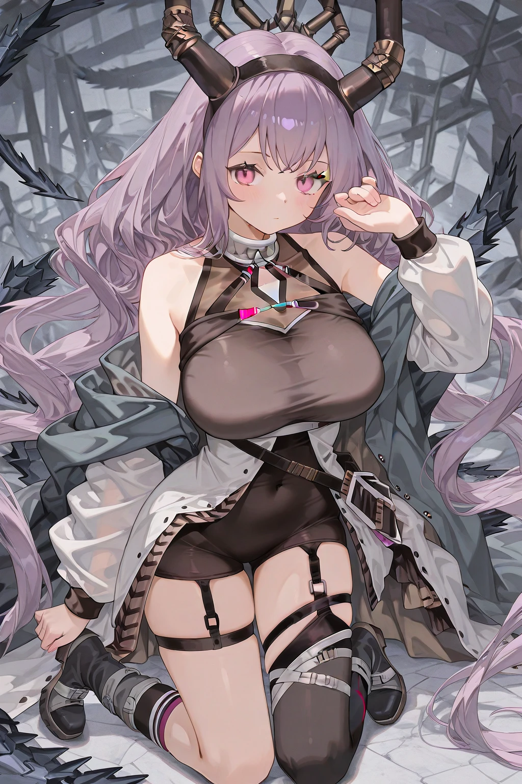 1girl,manticore,((swimsuit)), chair,((hood up))
