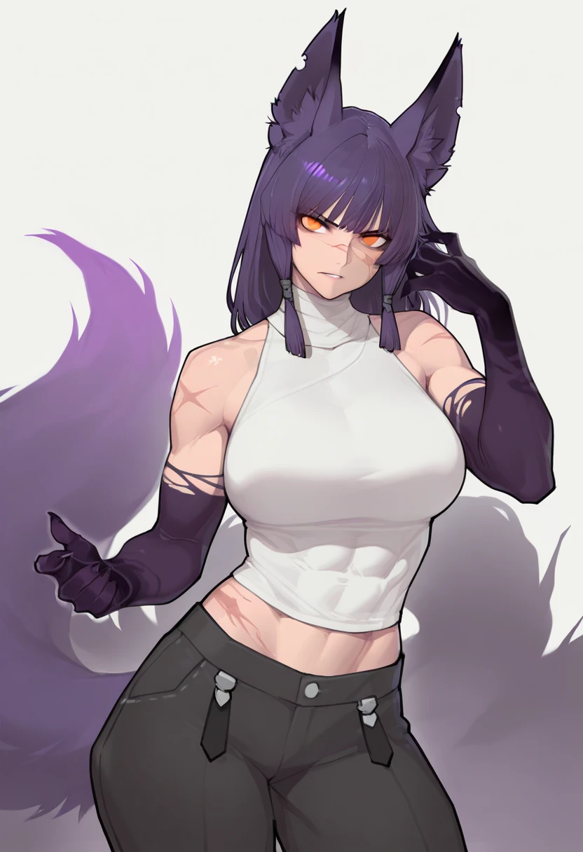 Muscular furry tomboy wearing dark black dress.