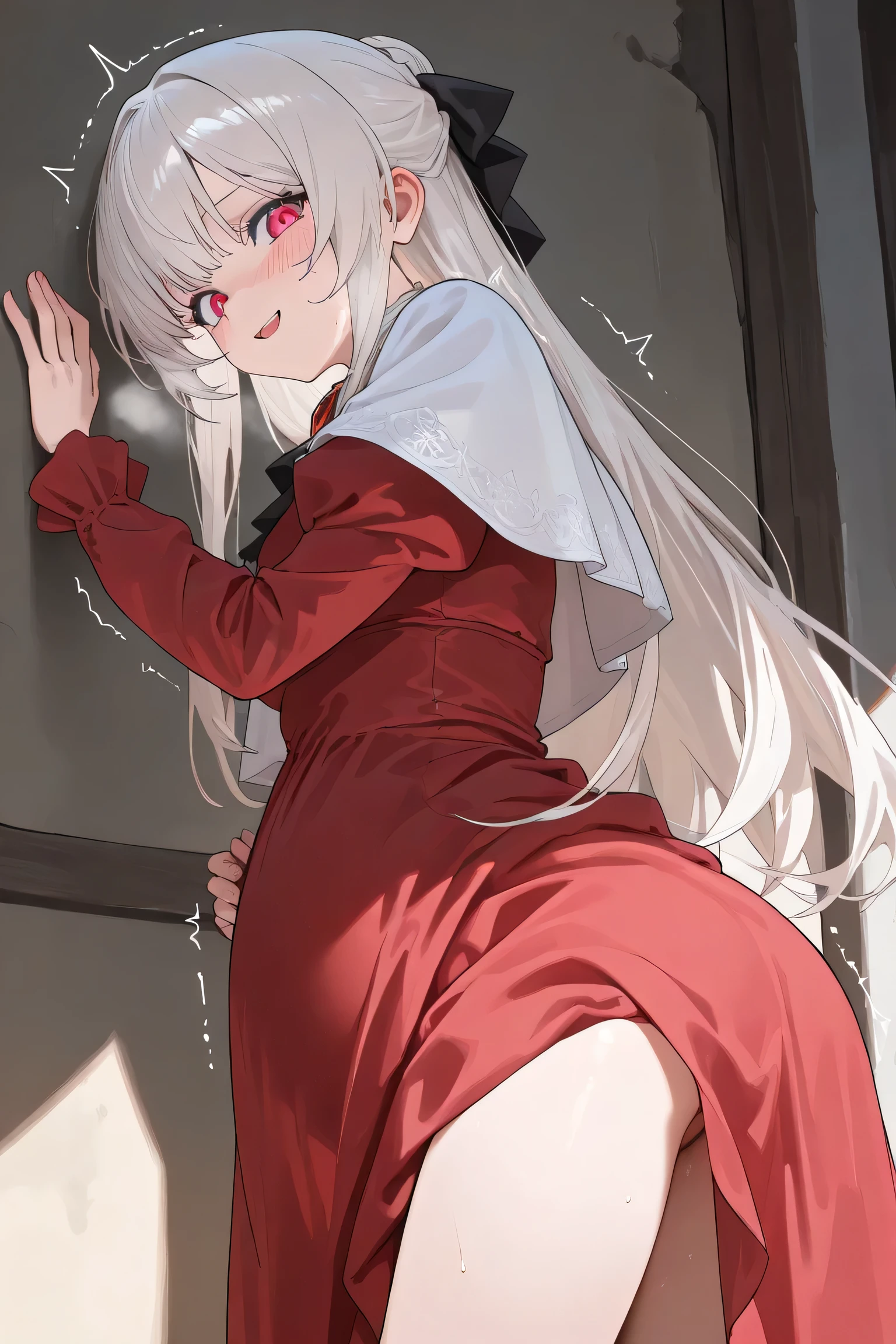 NSFW, Mutsuki, Mutsuki_Blue_Archive, long hair, white hair, playful, smug, sweaty, bright smile, flat breasts, small breasts, dress, red dress, teasing, giggle, upskirt, lifting dress, no panties, cunny, pussy, sticky