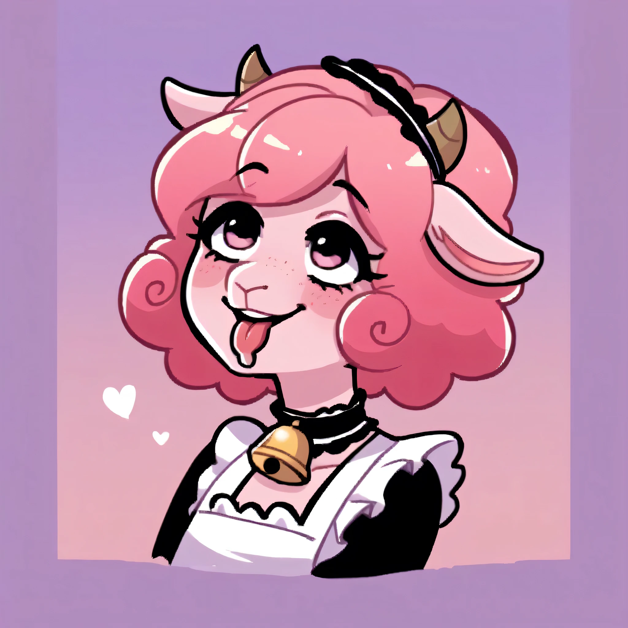 better quality, very detailed illustration ( Anthropomorphic furry sheep:1,7) , femboy, ruffled voluminous bouncy hair , delgado, ideal body, simple drawing, Artifyber style , pastel flat colors , beautiful, cartoon ,solo,baker, short curly pink hair, maid clothes, frilly apron, a smile, fluffy curly tail, sheep ears, bell collar, ram horns, aheago, eyes rolled back, tongue out, drooling, horny