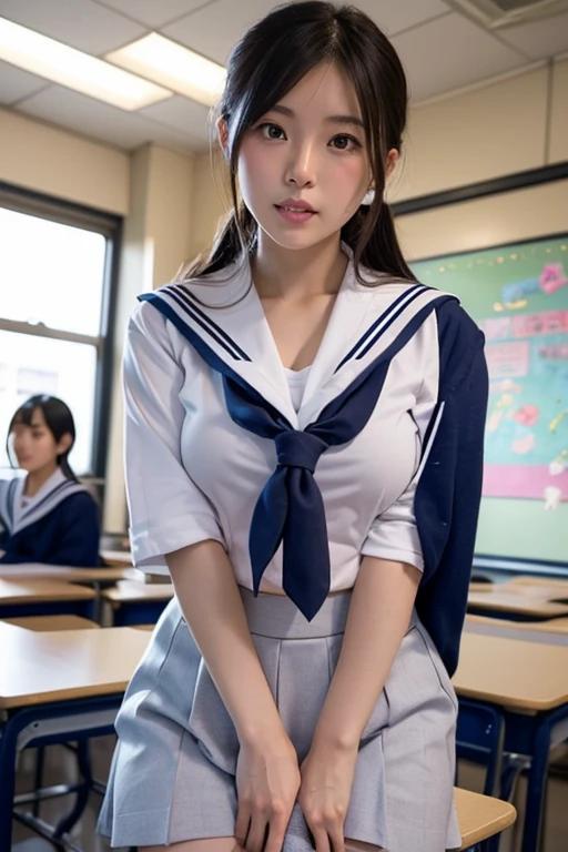 最high quality、high quality、best image quality、8K、最High resolution、High resolution、最high quality、masterpiece、RAW photo、whole body写真、Realistic human body with detailed details、Realistic skin in every detail、Realistic face in every detail、Realistic eyes in every detail、Realistic lips in every detail、Realistic teeth in every detail、Realistic ears with attention to detail、Realistic hair with detailed details、Realistic arms with attention to detail、Realistic hands with attention to detail、Realistic fingers with attention to detail、(fine hands、thumb１reference４)、Realistic legs with attention to detail、Realistic feet with attention to detail、((beautiful japanese girl))、(japanese model), (japanese woman)、((18 year old beautiful girl))、(black hair)、(straight hair)、((whole body))、((Beautiful breasts directed upwards、Medium chest))、(slim style、slender style)、(whole body光沢肌、Fair skin)、Detailed and realistic human body、detailed realistic skin、detailed realistic face、detailed realistic arms、Detailed realistic fingers、Detailed realistic feet、soft natural light、sailor suit、school uniform、junior high school、high school、Junior School、japanese school uniform、((Transparent see-through(クロストップsailor suit、Sailor Mini Skirt))、((In the classroom of the school(Pose that makes your thighs look beautiful))