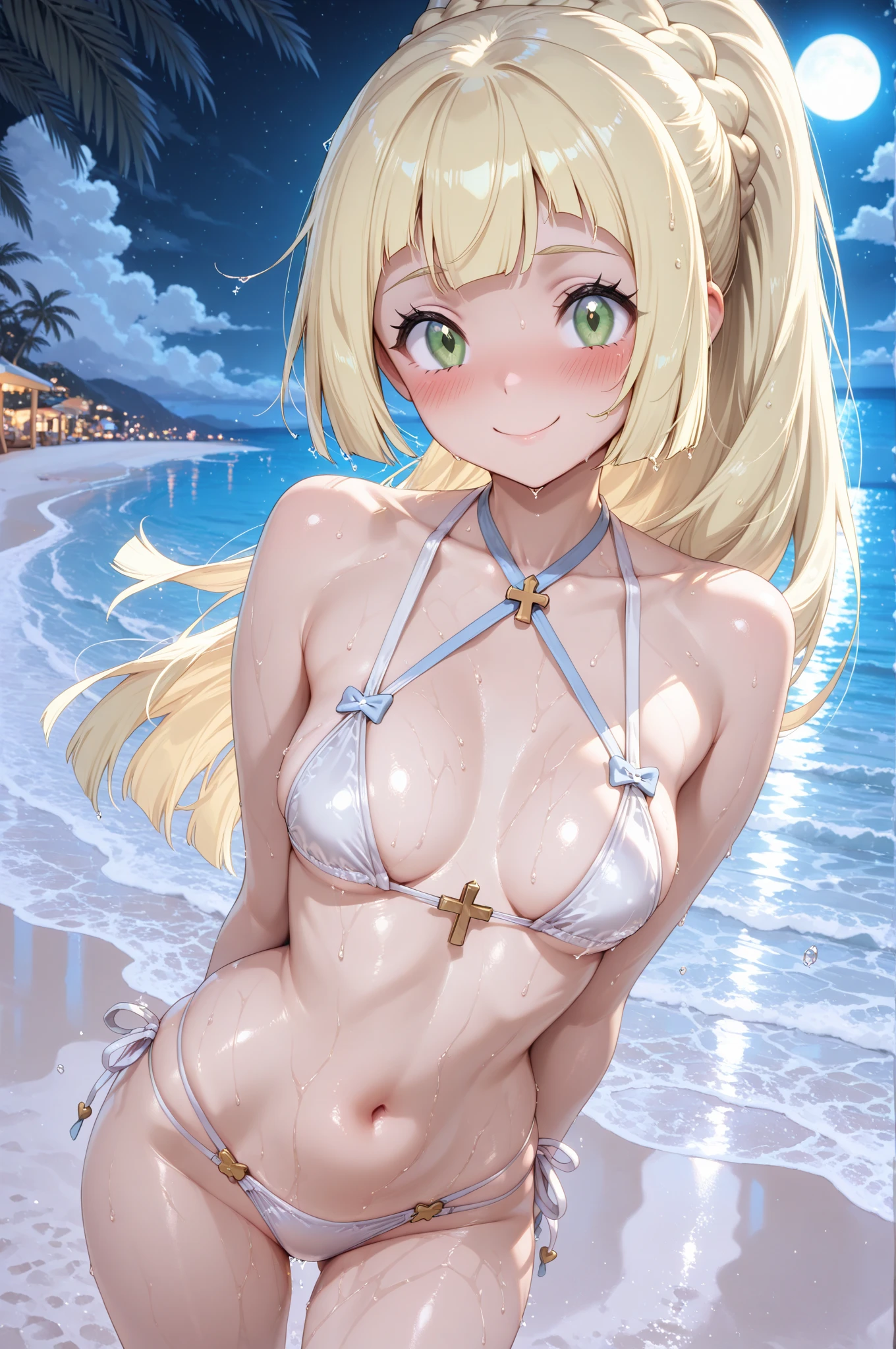 score_9, score_8_up, score_7_up, score_6_up, source_anime, 1girl, ayaka from genshin, nude, hanging breasts, nipples, breasts out, ((bikini, bikini unhooked, bra, thong aside)), tan lines, 1boy, straddling, handjob, uncensored, crotch, looking at viewer, beach, sunset, pubic hair, collarbone, precum, sexy, horny, muscular male, smile, solo, pussy juices, collarbone, clitoris, side view, 