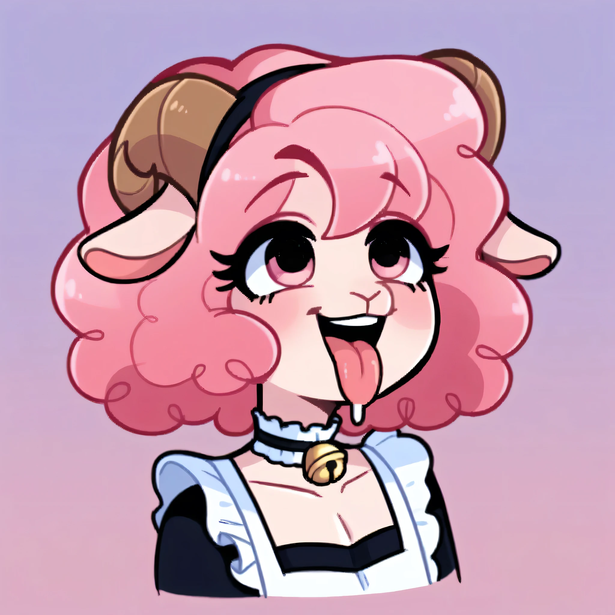 better quality, very detailed illustration ( Anthropomorphic furry sheep:1,7) , femboy, ruffled voluminous bouncy hair , delgado, ideal body, simple drawing, Artifyber style , pastel flat colors , beautiful, cartoon ,solo,baker, short curly pink hair, maid clothes, frilly apron, a smile, fluffy curly tail, sheep ears, bell collar, ram horns, aheago, looking up, mouth open, tongue out, drooling, horny