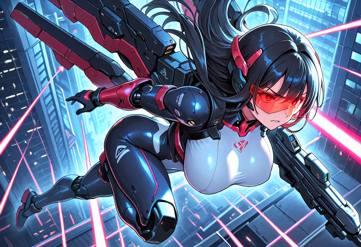 1girll，Black color hair，Twist braids，Qi bangs，red pupils，Round glasses，beauitful face，crisp breasts，Convex buttocks，in a white shirt，red necktie，Black suit，White heels，There are floating missile-launching weapons on the sides of the body，sci-fy，cyber punk perssonage，perfectly proportioned, Cinematic lighting, filmgrain, Fuji colors, lightand shade contrast, 8K, 巨作, Textured skin, Super detail, high detal, High quality, A high resolution,