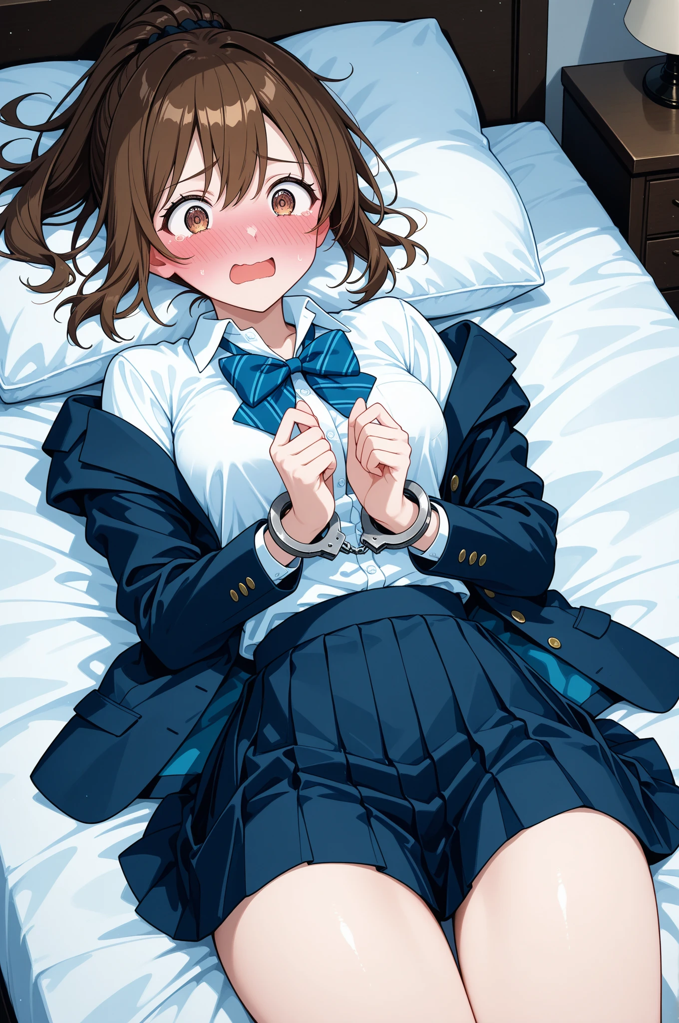 ((Anime Girls))､ ((One boy and one adult woman having sex)), (Spread your legs), (Lift your legs), (Lying in bed), (Senior), ((Normal position))､ (Holding hands)､ ((Brown Hair))､ ((Short Bob Hair))､ ((Yellow Eyes))､ ((Completely naked))､ Small breasts､ (smile)､ ((Orgasm Face))､ ((Blushing))､ ((First Person View))､ ((twitch your hips))､ ((Pink vagina))､ (Pink nipples)､ ((cum in pussy))､ high school girl