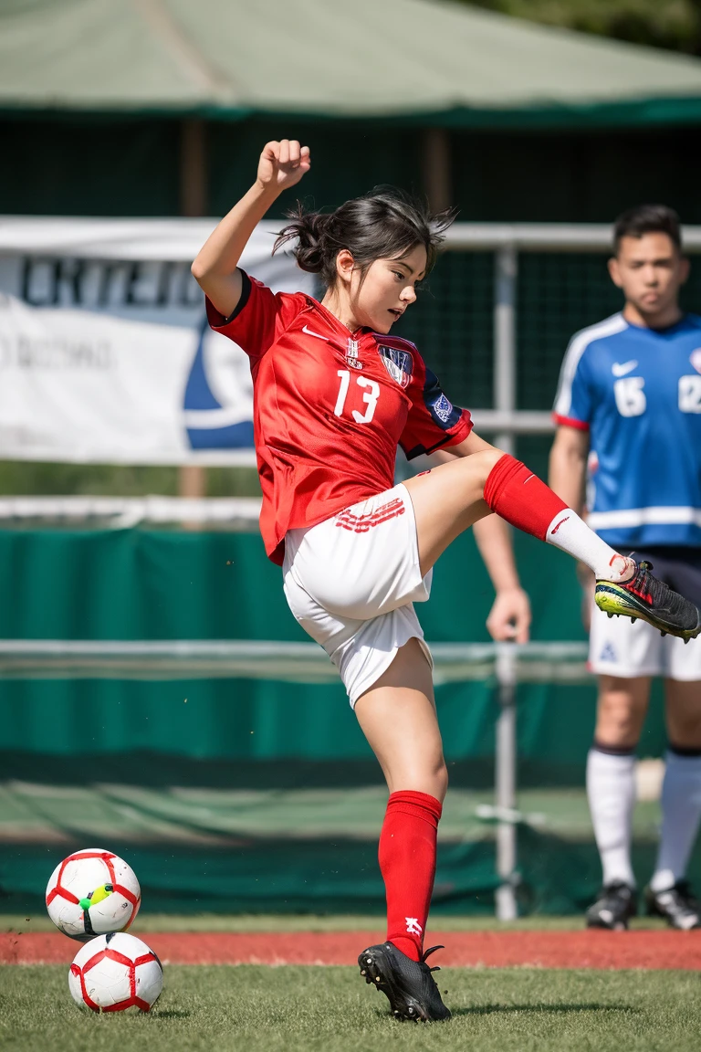 a soccer player kicking a soccer ball, shot from the goalkeeper's point of view, moment of the shot, ball leaving the player's foot, soccer ball approaching the viewer, single athlete, attractive athlete, aiming for the goal, piercing gaze, anatomically accurate, dynamic motion, vivid colors, dramatic lighting, (best quality,4k,8k,highres,masterpiece:1.2),ultra-detailed,(realistic,photorealistic,photo-realistic:1.37),cinematic,sports photography,dynamic action
