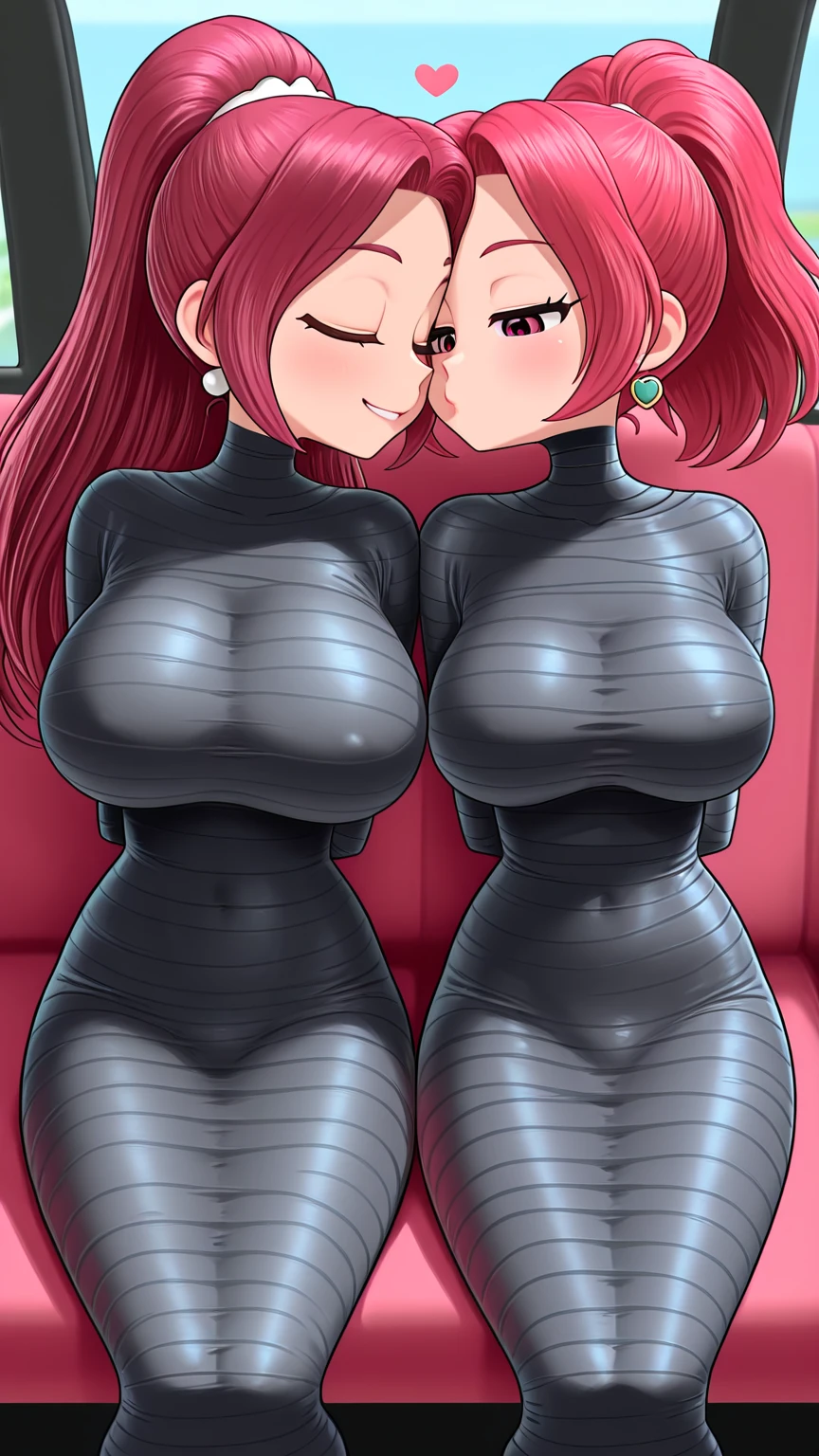 (fiche de conception de personnage, same character, Devant, side, de la), ((Extremely detailed illustration)), high resolution, des mains parfaites à cinq doigts, visage parfait . Deux filles de 25 ans,Soeurs jumelles, avec de gros seins et des mamelons qui pointent, vêtu d'une combinaison rose en latex (spandex) style hentaï ouverte aux parties intime, the scene shows her caressing her breasts, back bent facing the audience, angle de vue multiples, seductive and explicit, corps voluptueux et musclé, legs spread, plaisir intense écrit sur son visage, eyes rolled upwards. NSFW❤️💕💖💋