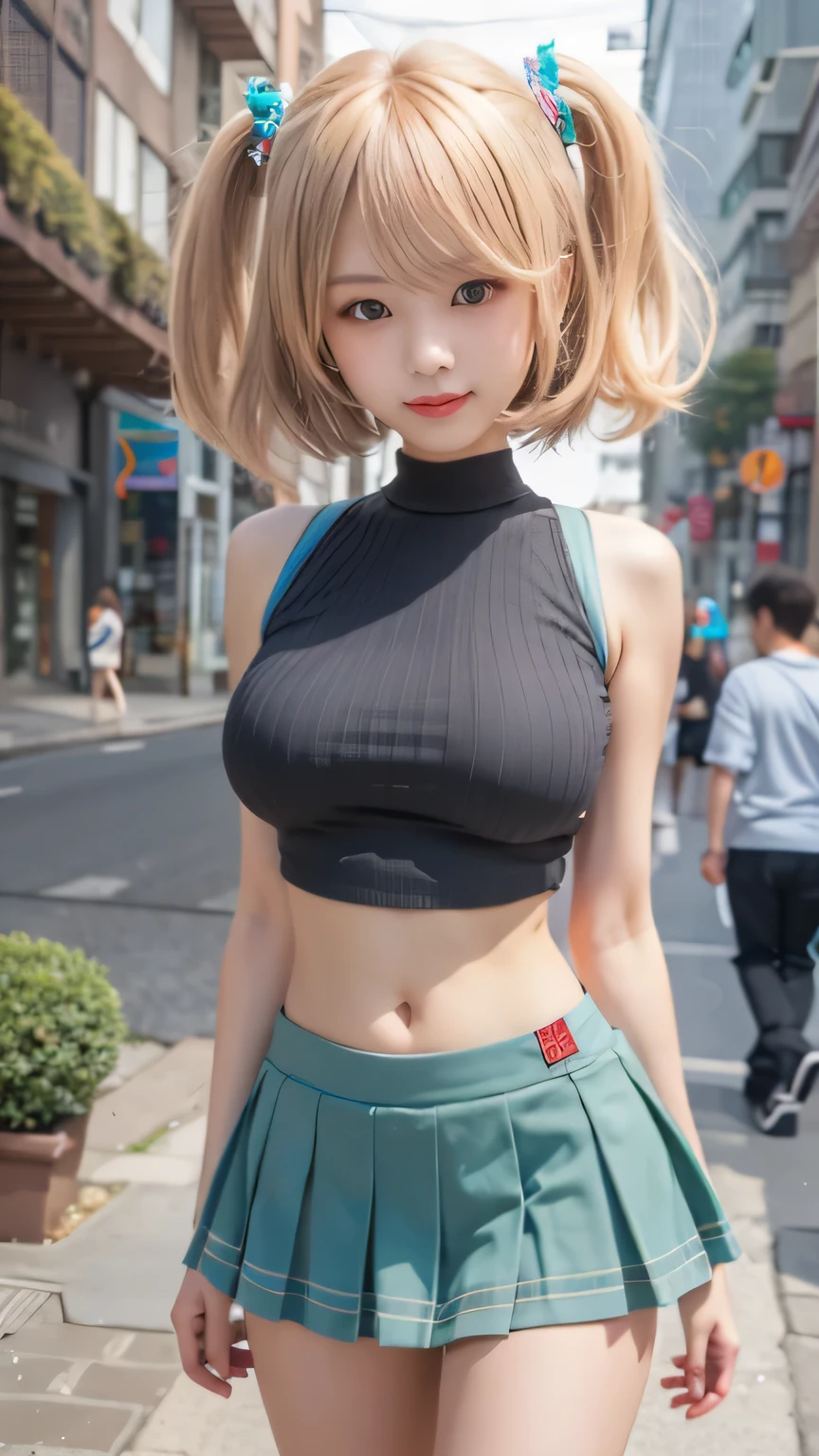 anime girl in a short skirt and top standing on a sidewalk, seductive anime girl, Anime Style. 8k, a Super Realistic High School Girl, Super Realistic High School Girl, Gwyds, attractive anime girl, On the city streets, anime girl, tiny curvy Lori, Detailed Digital Anime Art, realistic anime 3D style