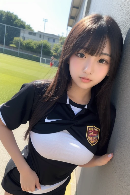 (Cheerleader、Cheerleader:1.9)、(Black Hair、Groin、Micro Mini Skirt、Big eyes with double eyelids、Beautiful woman、25age、smile、Beautiful Skin、On the grass of an athletics stadium)、from the front、Large Breasts、Captivating thighs、Cleavage、Professional Lighting、Are standing、Striking a pose