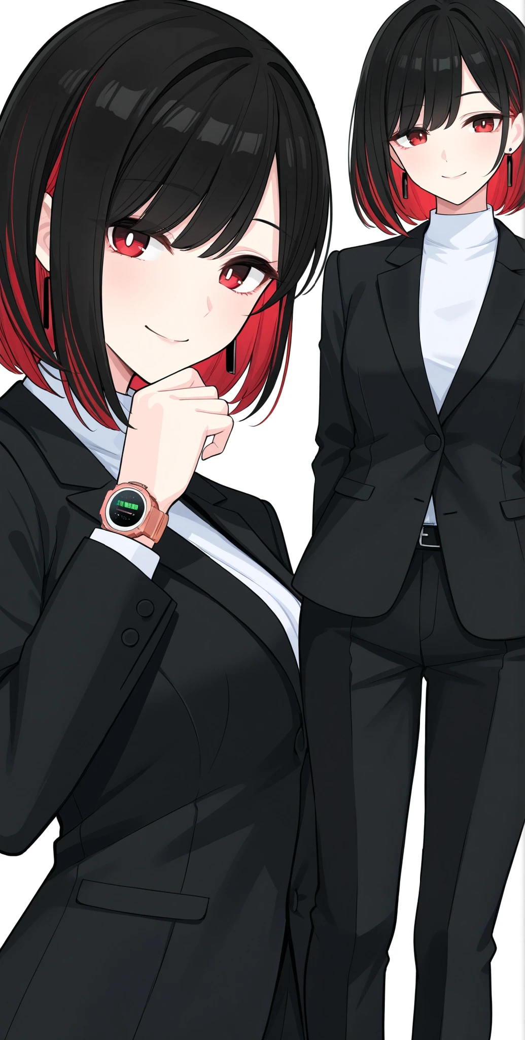 femininity(femininity), black suit, adult woman with red inner colored hair , Apple Watch, bob hair, , smiles just a little, Mouth closed, Slightly smaller pupils, modest black earrings, her whole body fits in the image while standing upright and white background,