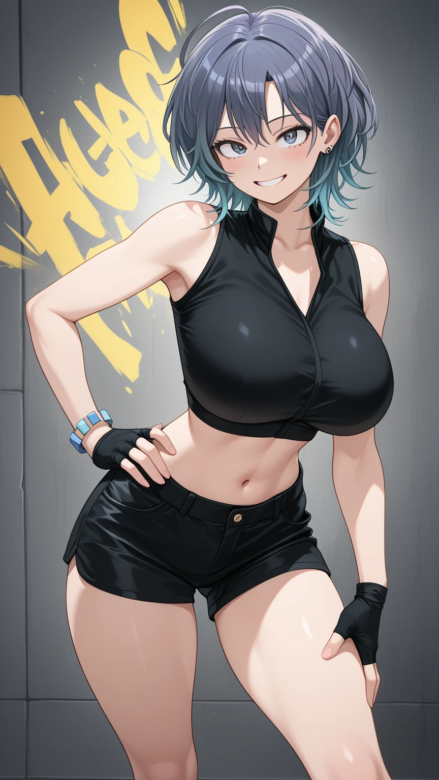 Girl with turquoise hair, stands only in small leather shorts, Big breasts, hands on chest