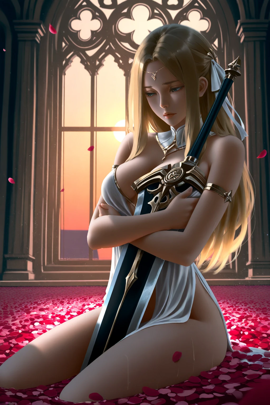 woman, 20's, beautiful, hero, blond hair, golden eyes, bangs, long hair, chlotes, had silver sword, medium breast, sexy, overly voloptuos body, nude, naked, nipple, legs, open legs, thick legs, vagina, ass