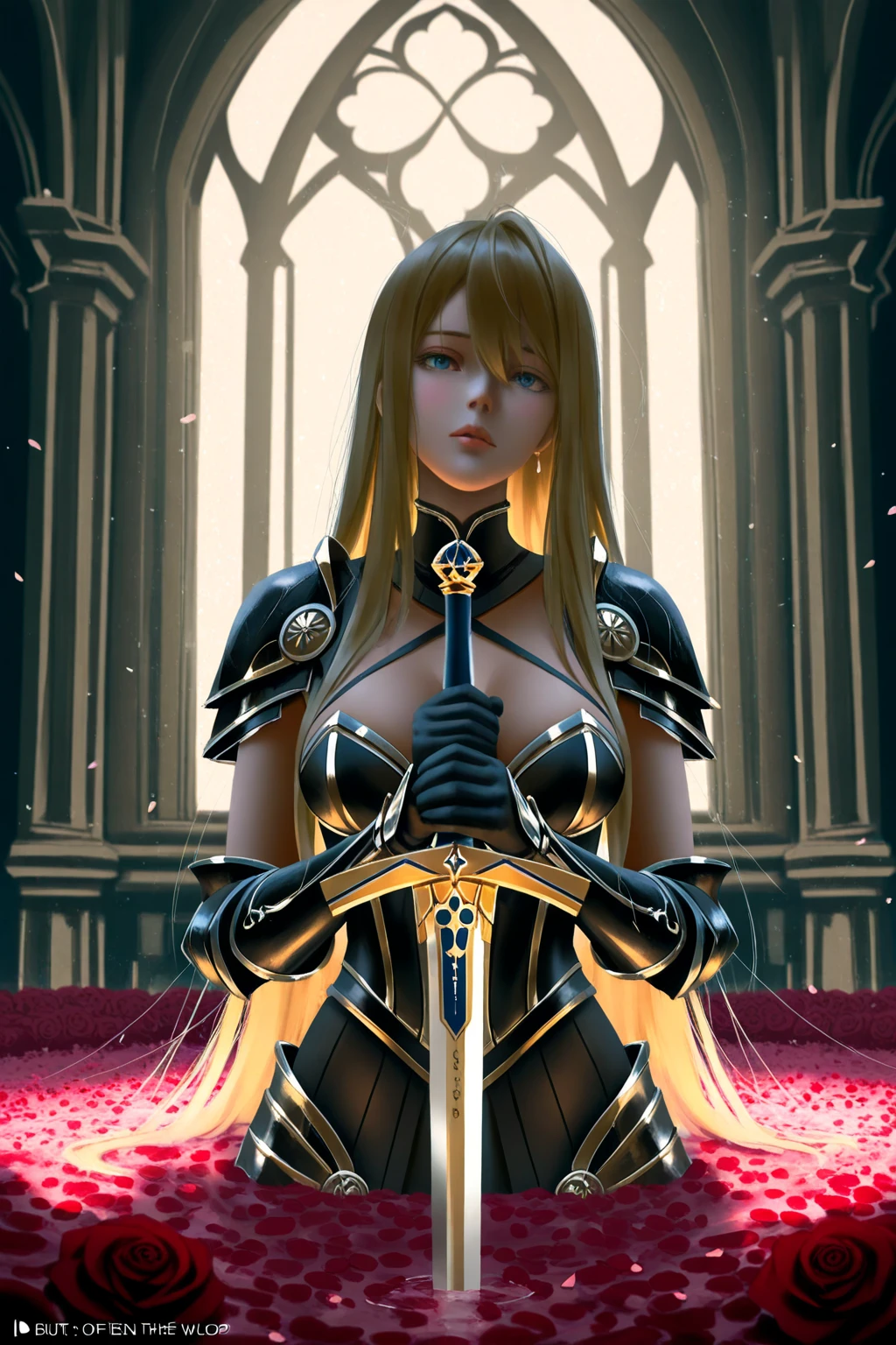 Maetel、Of 999、One 19-year-old woman、beautiful long hair of golden color、Hands at Side in Christ Pose、Crucifixion、Black coat is torn、Defeated heroine、Golden Handcuffs,Gold chain,Golden Collar,Big Breasts、Large Breasts、Hands are tied in handcuffs,Tears flow,View your viewers、