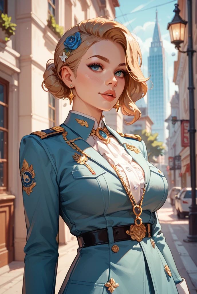 Fayobor style, Masterpiece, Best quality, 1girll, 21 years old, Smile, Pink lips, aqua eyes, blue beret hat, Blonde hair, Closed mouth, Earrings, Hat, Gem earring, jewelry, Off-the-shoulder bandeau, Large breasts,Short hair, Solo, Focus on the chest, Dim, Dark, High contrast, Caustics
