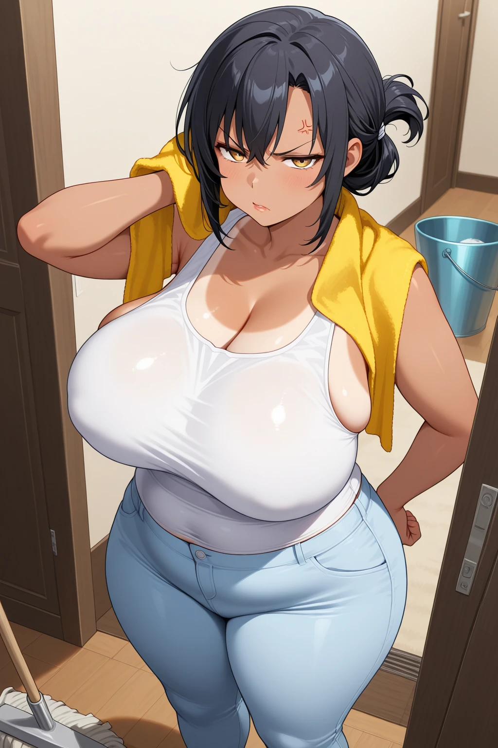 White tank top,Mature Woman,Aunt,Chubby,,Huge breasts,Room full of steam,sweating,Heat,Bold open chest,night,Seductive expression,Steamy chest,Clothes that are small in size,Thick legs,Expressing breast milk,Dripping breast milk