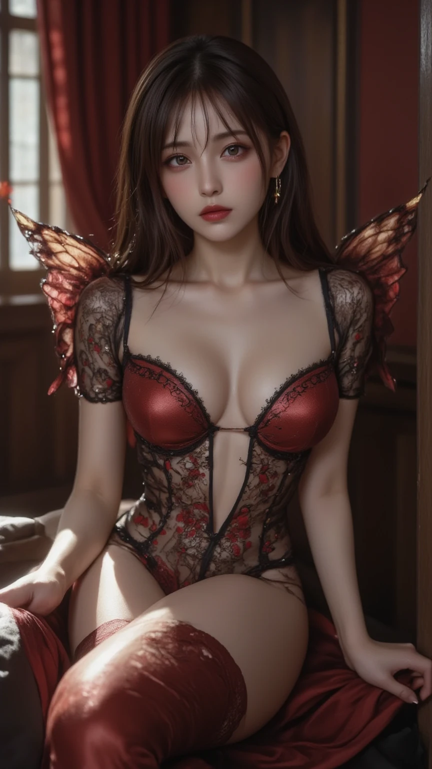 intricate-detail、top-quality、realisitic、ultra-detailliert、The best lighting、Best Shadows、Soft lighting、Ulutra HD、Dungeon and Dragon、caves、Dungeon、 A Necromancer、natta、Dark style、Succubus、Devil's Daughter、Bat Wings，(((Demon Hornlack-rimmed round glasses))))、(Devil's Tail)、(red eyes glowing:1.6)、​masterpiece、beautiful countenance、Tindall Effect、photos realistic、(High Detail Skins:1.2)、8KUHD、Digital SLR、hightquality、a picture、hight resolution、 absurderes、Ponytail distortion、best ratio four finger and one thumb、1 girl、hair adornments、jewely、Beautiful expression、Body Up、Toned waist、Wide buttocks、Tindall Effect、Photorealsitic、(High Detail Skins:1.2)