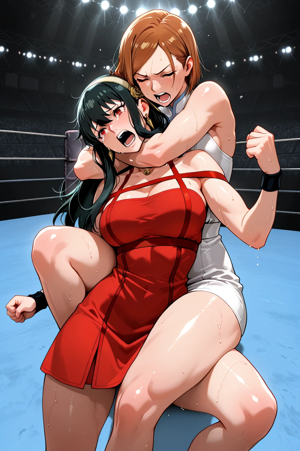 Two beautiful young heavyweight female boxers、They are fighting in a ring in an underground arena.。With a severely injured body、boxing hard。He closes his eyes and opens his mouth, breathing laboriously.。sweat is flowing。Very sweaty。Drool。black hair。shortness of breath。naked。Nipples are very erect。Shedding sweat and blood。Love juice is gushing out from between her legilk is gushing out from the nipples。boxing gloves。I'm having convulsionuscular。six pack abs。Thick thighs and arms。super big breasts。thin waist。