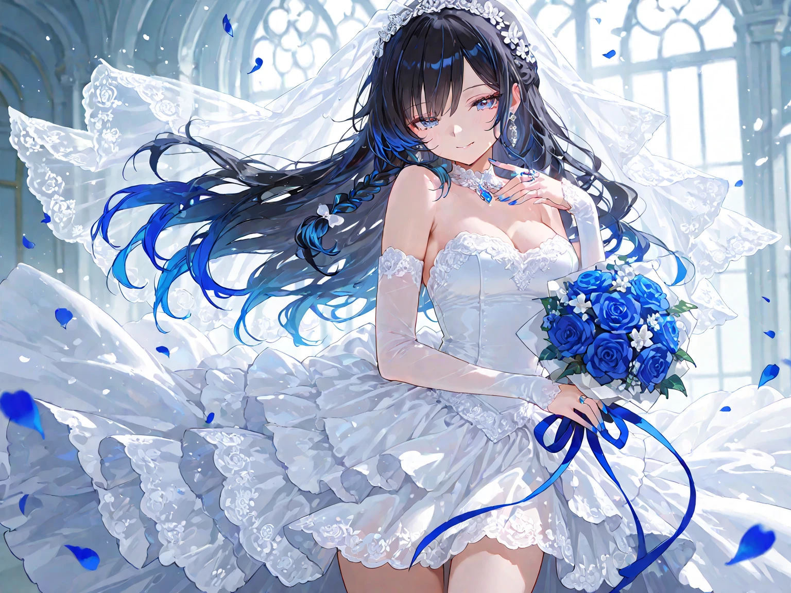 silber hair，butterflys，long whitr hair，8k wallpaper，Highest high resolution，deep v big breasts，Hair over eyes，Bandeau，Bandeau wedding dress，White rose，tight-fitting，stocklings，