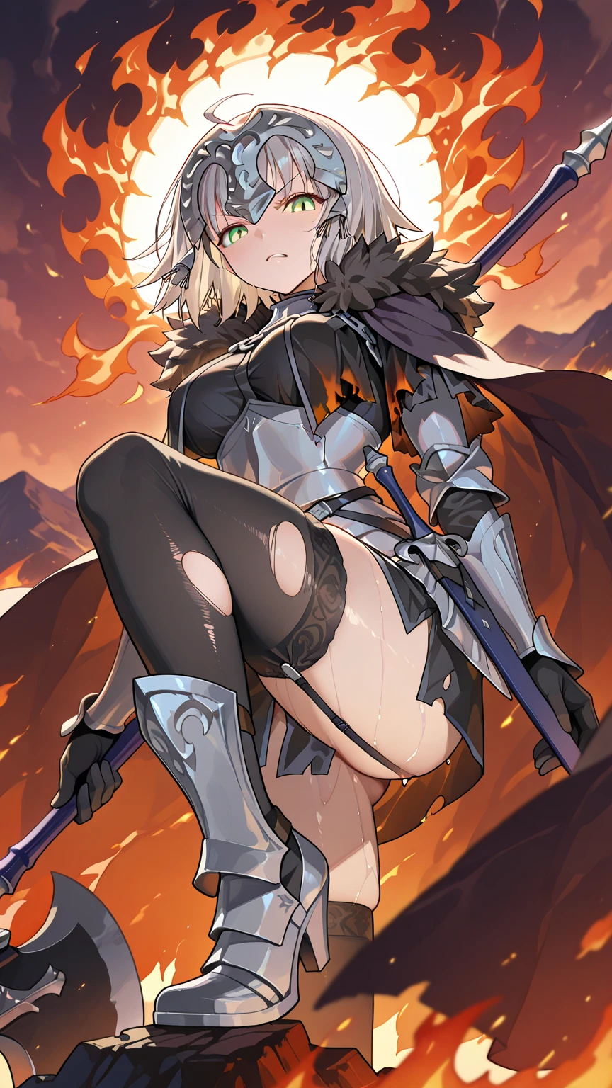 (masterpiece, best quality, ultra-detailed),<lora:lanceralter-nvwls-v1-final:0.8> lancerAlter, yellow eyes,cape, armor, black bodysuit, gauntlets, underboob,Volcanic,stretching arms,Intense gaze,sadistic smile,Blue Hour,looking at viewer