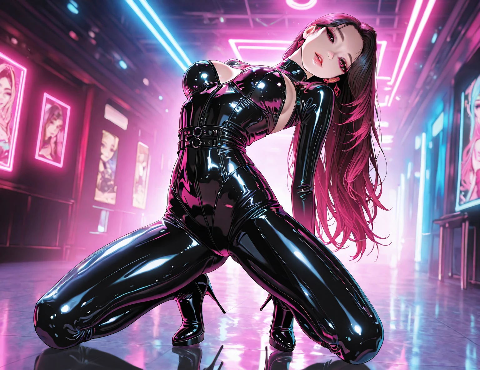 (highest quality:1.2,evil lady, anime artwork, Very detailed, High Detail, digital coloring, High Contrast, masterpiece:1.2, highest quality, Best aesthetics), 8k,masterpiece, cute,tall,beautiful,best quality, 1lady,black hair,long hair,empty eyes, (finely detailed empty pupils and detailed face),,,,extremely detailed cg unity 8k wallpaper,solo,(latex military costume:0.9),large breasts,seductive smile,military hat,latex thighhigh,large breasts,black hair,pink eyes,pink leotard,pantyhose,military coat,enamel suits,grossy lips,sitting,,sadistic smile,,heel,shiny skin,military coat,detailed face,beautiful body,full-body,adult,leotard