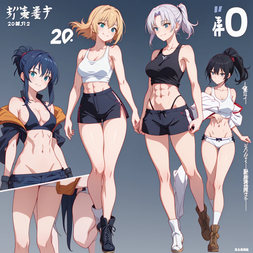 3girls,muscular female,,muscular ,biceps,,thick arm,biceps,(furina, hu tao,ganyu),happy,swimsuit,abs