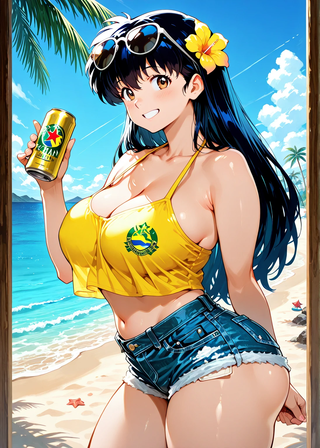 Swimsuit magazine cover, young Morroccan woman, slim:1.4, 18yo, (jump:1.4), floral swimsuit, medium breast:1.3, perfect body, black haired, blue eyes, thigh gap, smile, (bouncing boobs:1.4)