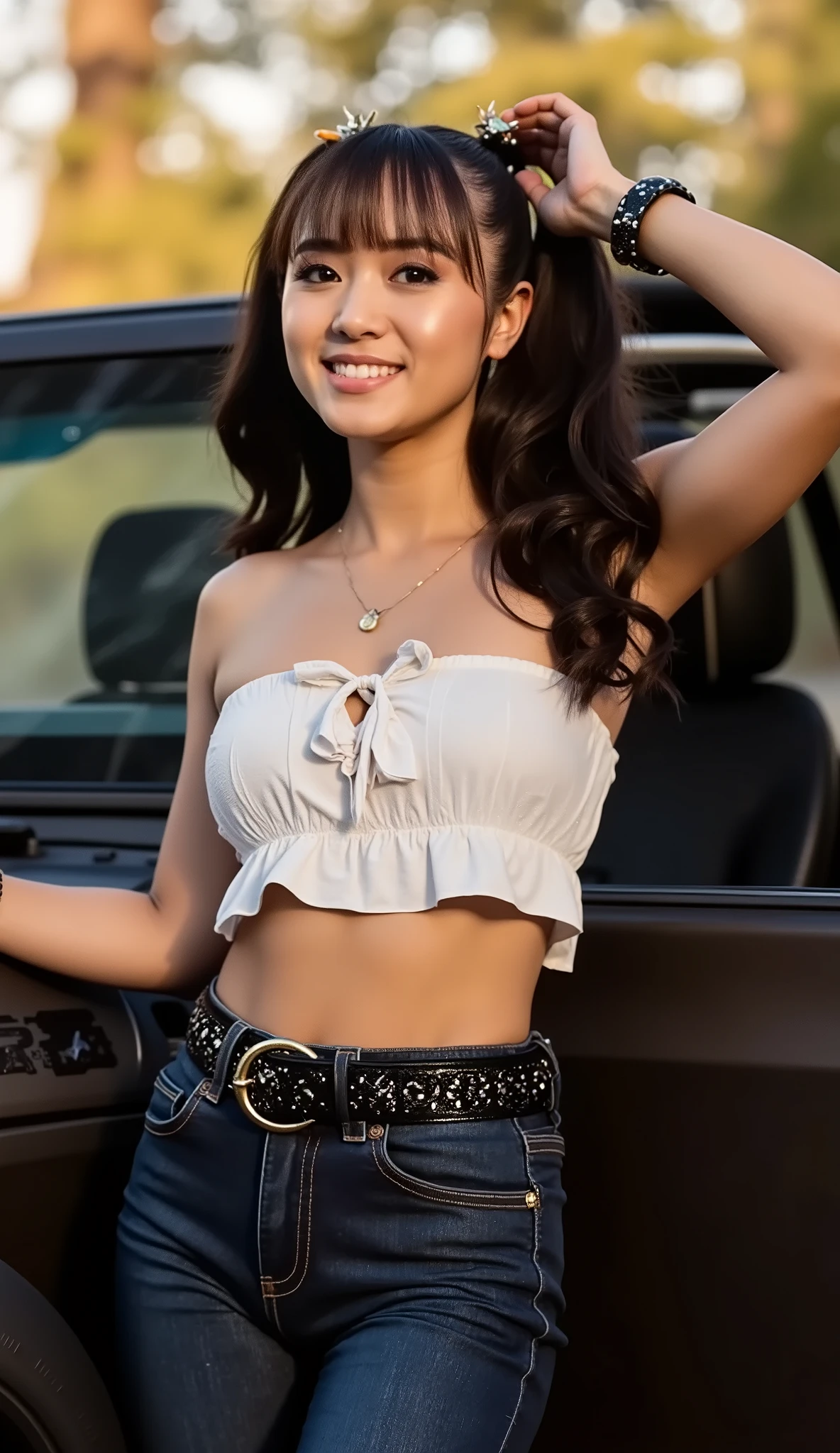 Ultra-detailed portrait of a stunning model + (((keep the exact face details, hair details and hair colour of the selected LoRA))) + ((( Smile))) + (((ourglass Figure, ))), she is standing outdoors, dynamic pose with one arm resting on the open door of a matte black Jeep Rubicon 2025. She wears a white cropped ruffled bustier with a front tie (exact match to reference photo’s style) and skin-tight vintage denim jeans with a gleaming Gucci/Prada belt. Golden-hour sunlight filters through trees, highlighting the outfit’s textures. Shot with 85mm lens, f/1.2 aperture, hyper-realistic skin rendering, and Flux-style cinematic lighting. 8K resolution, photorealistic