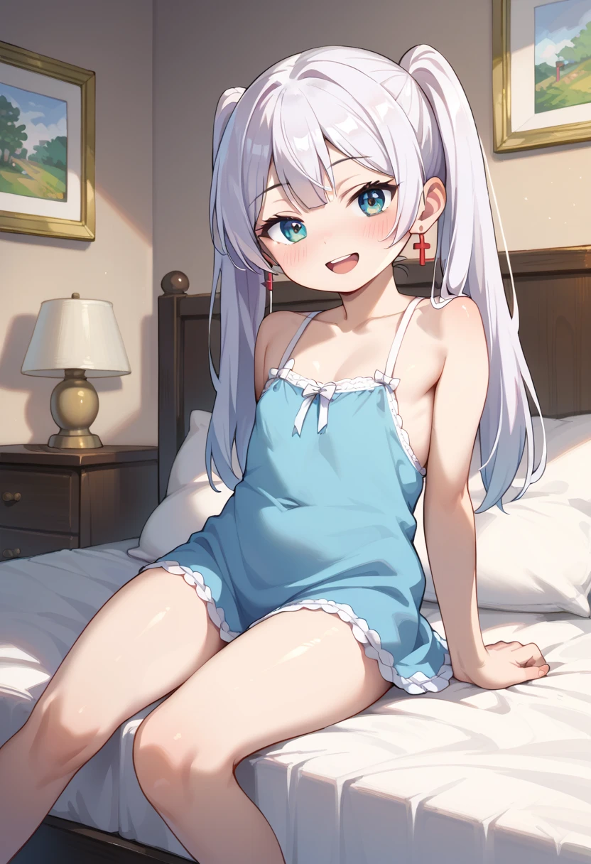 masterpiece, best quality, highres, kei1, 1girl, solo, blue eyes, long hair, (wears an attractive feminine lacery), ribbon, bangs, collarbone, gray hair, black hair band, neck ribbon, hair between eyes, medium breasts, cowboy shot, smile, anatomically correct full body, this inside a hotel room, this sitting on a bed with her legs open, has a lusty pose, complete escenario detallado