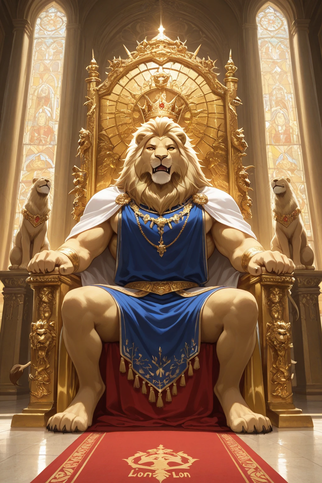 (realistic, Masterpiece, detailed face, best quality, height, 4k), Fantasy art style, Imagine the astrological sign of Leo, the majestic Lion who embodies the great model who radiates confidence and power.. He sat on a huge throne., He had golden hair and wore only royal regalia., Express the essence of leadership and charisma., bare, big penis