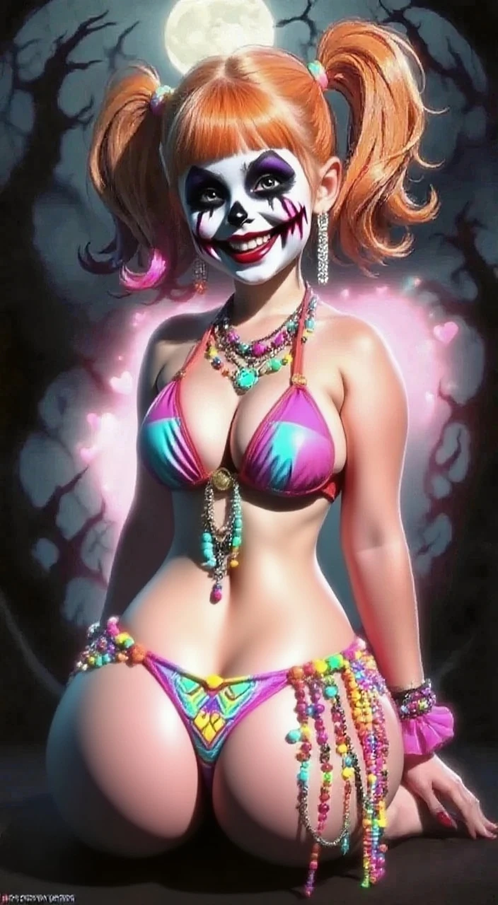 A full body photo shows a woman, harlequin hat, clown makeup, red clown nose, blue eyes, muscular body, clown,🤡,small shoulder, slim waist, wide hips, thick legs wearing a colorful top and red panties, back view, focus in her ass