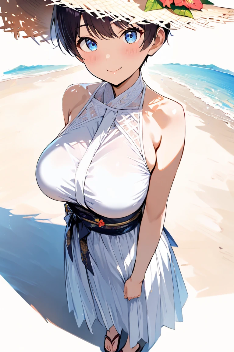 masterpiece, best quality, ultra-detailed, Potrait of beautiful , (chubby) (muscular), (plump), (sexly), (cleavage), ((tomboy)), (アニメ), (Breasts), (Plump), ((very short hair)), ((Uzaki Hana)), (overweight), (Gray Hair), ((Saggy breasts)), (blue eyes), (Short Hair), (blue eyes), ((thick)), (swimsuits), (naughty smile), (Canine teeth are slightly visible)