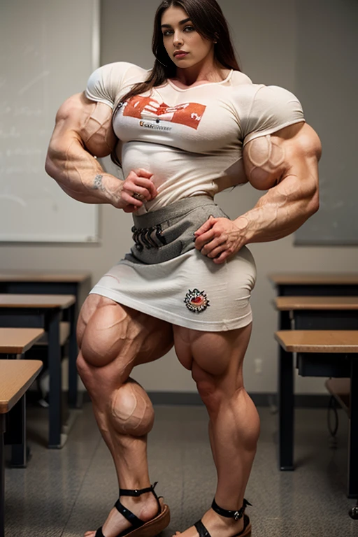 Black, teenager with extreme muscularity and height showing full body including legs. Stands above peers in a classroom towering over others writing on the white board wearing a henley and formal shorts. Model shown in full height from toe to head. Realistic face.