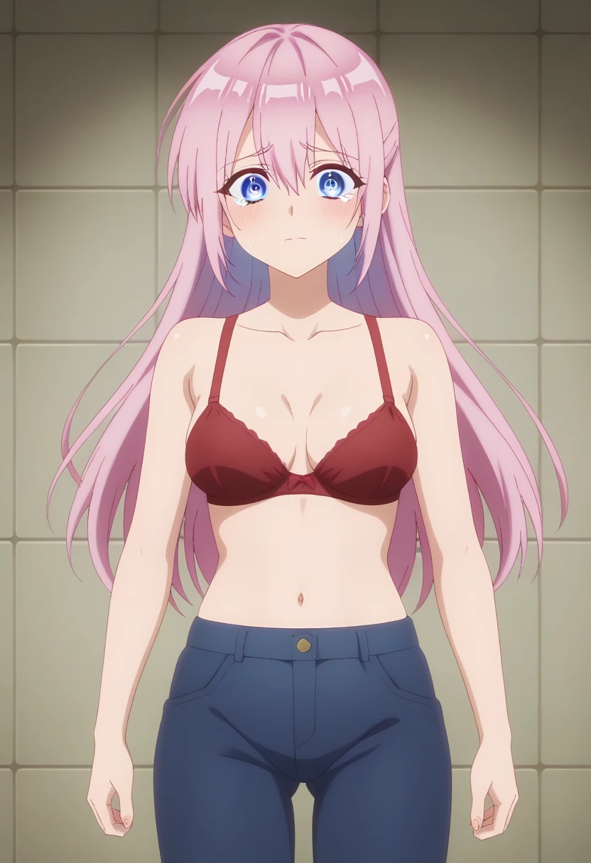 masterpiece, best quality, highres, high quality, 1girl, akari watanabe, blue eyes,long hair, pink hair,twintail,double bun, huge breasts, sexy, cleavage, seductive, sexy, light pink bikini, no clothes