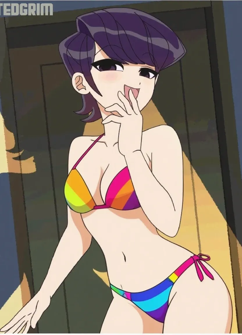 shinkai makoto, kimi no na wa., 1girl, bangs, black hair, blush, brown eyes, idol, idol clothes, collarbone, red headband, red ribbon, bow hair ornaments, pink bikini, pink skirt, short skirt, black thighhighs, short hair, smile, cute, solo, open mouth, Off-the-shoulders, pink background, modelling