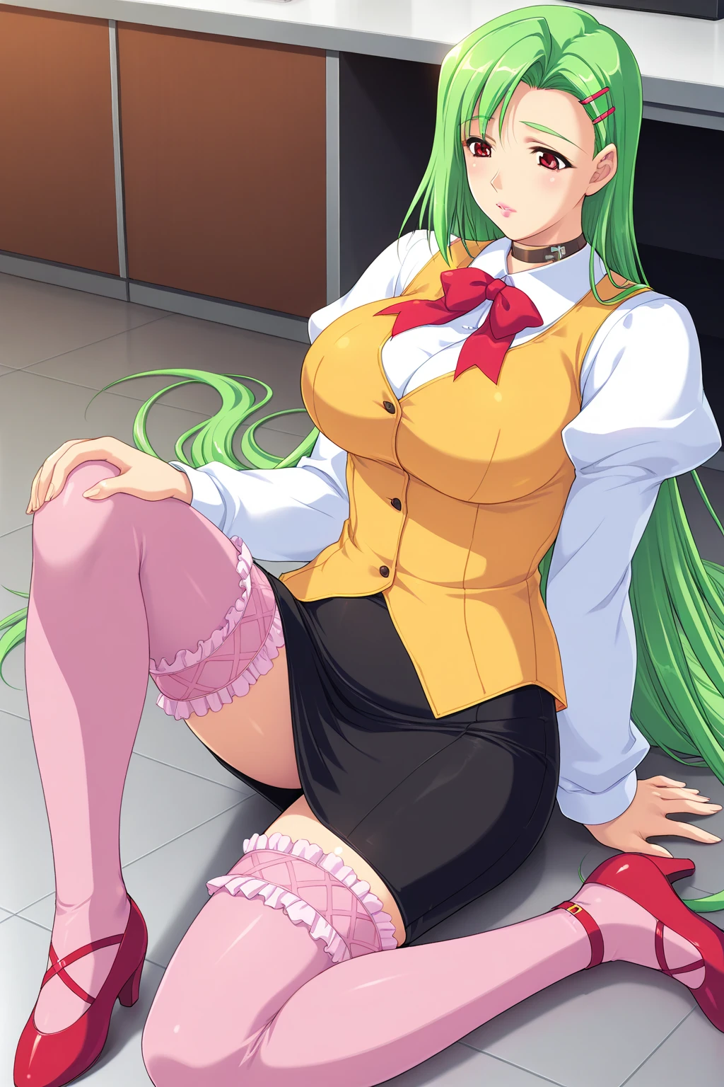 c.c.、code Geass、Green Hair、cute Woman、Thick thighs、Best image quality、High resolution、masterpiece、super high quality、Spread your legsしゃがむ、orgasm face、Spread your legsしゃがむ、Black pattern panties、I see your pink panties、Big Ass、Big Breasts 、Blushing、4K quality、Blushing、Proud face、Wearing black knee socks、bed、Spread your legsしゃがむ、Panty shot、Sweaty all over、Heavy breathing、chest is bobbing up and down、heart、condescending look、Low Angle、Zoom in on the crotch、cowboy Shot、Sit on the living room couch with your knees raised, Spread your legs