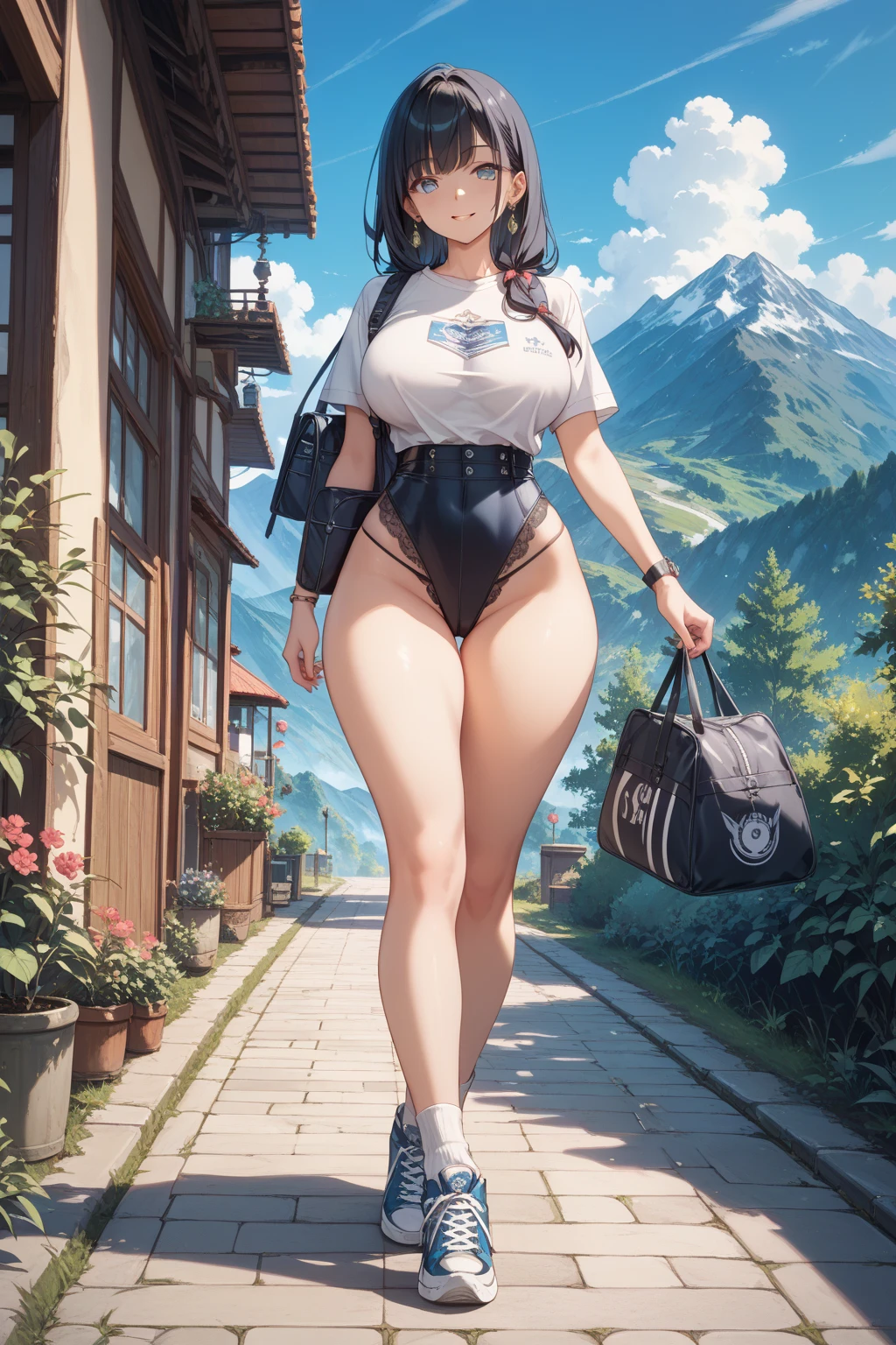 ((Best Quality, 8K, Masterpiece: 1.3)), Chubby woman smile ((best quality)), ((masterpiece)), (detailed), perfect face, USA woman fat , 1 girl, obese body type, big breast size, round face, double chin, Overweight, medium hair ，looking at camera、, thicc, she has a jiggly fat round belly, bbwchan, wearing tight sexy clothes, skinny waist and thick hips, widest hips, her belly is fat and round, soft curvy shape, hyperrealistic full figure, wearing a cute top, wide hips, cropped shoulders，Bare belly,(big assa:0.7),show legs,, thicc, beautiful thick female, beautiful curvy female,, Tall and tall，clear curvy details, curvy hourglass figure, alluring plus sized model, bbwchan, Voluptious body, Curvy model, Curvy body, Be red in the face, 1girll fat , a matural female, A MILF, the golden ratio,(Kpop idol),(Oil skin:1.2),(Oil skin:1.1) background High quality, HD, realistic, HDR. mountain refuge in grey stone, blends into the panoramic view of the mountain, spring landscape (green and flowery), edelweiss, lake