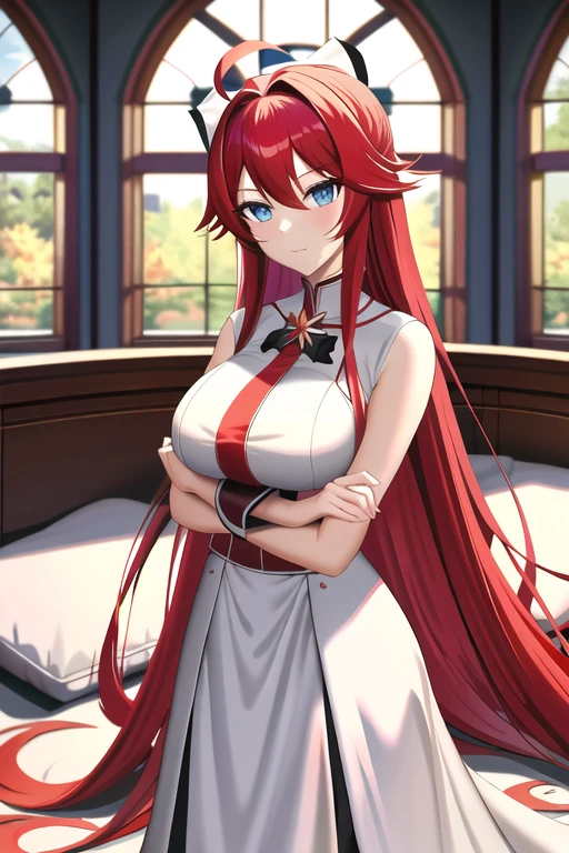 Masterpiece, Best Quality, hight resolution, fairytale, 1girl, hairlong, red hair, pony tail, white ribbon, hair above one eye, Brown eyes, large breasts, Sarashi's chest, bandage, Red Hakama, wide thighs, big butt, red pants, Cowboy shot, Indoors, Sits, spreading legs, erotic pose, Erotica