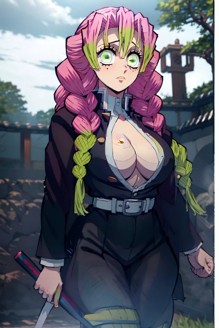 1girl, Mitsuri (demon slayer), beautiful girl, beautiful face, pink hair, green hair, gradient hair, multicolored hair, long hair, bangs, double braids, green eyes, white haori, a black skirt with a silver belt and green striped hips, demon slayer uniform, long sleeve jacket, white haori, black skirt, silver belt, green striped thighs, buxom chested, large_breasts. Holding a katana sword. She's looking directly at the camera with a (fierce, determined, serious) gaze. Her gaze is both alluring and fierce, as she holds the sword with a delicate yet deadly grip. She's standing in a defensive position. (Background: outdoors, night time, simple background, night sky, forest)
