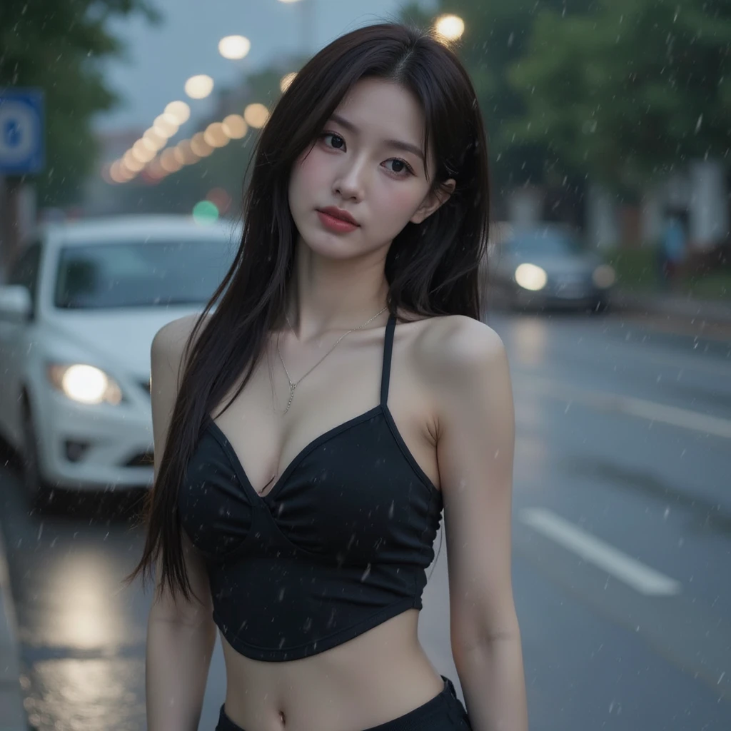 1girl, Blue eyes, (smile), (Sana Minatozaki), wide hips, Big tits, (Best Quality, 8k, Masterpiece: 1.3), perfect hands, Clear Focus: 1.2, Perfect Body Beauty: 1.4, Highly detailed face and skin texture, detailed eyes, double eyelids, (long black hair), black cleavage t-shirt, (pink high stockings), (black tanding in a lighted park), (park at night), (street lights)