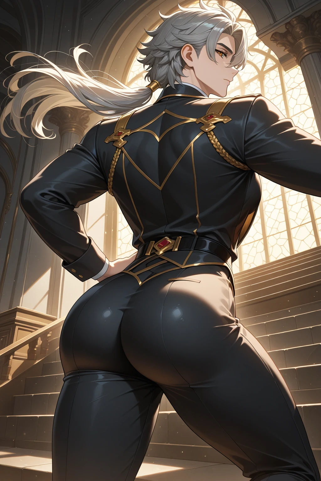 masterpiece, best quality, high quality, 1solo dark black SKIN elf, long hair, white hair, yellow eyes, full body, breastplate, looking at viewer, shiny, armor, thigh highs, high boots, shoulder armor, faulds, poleyn, gloves, gauntlets, (((1 girl))), medium to large breasts, a beautiful and cute lady, standing, (((in the pool at night))), (big muscular ass), {{{wearing armor }}} (thin waist), (incredibly beautiful full body photo, standing, (((bright eyes))), good anatomy, perfect hand muscular legs))), thin waist, muscular abdomen, wearing black high heel shoes, (((with her back to me showing her big shapely ass to me))), grabbing own ass