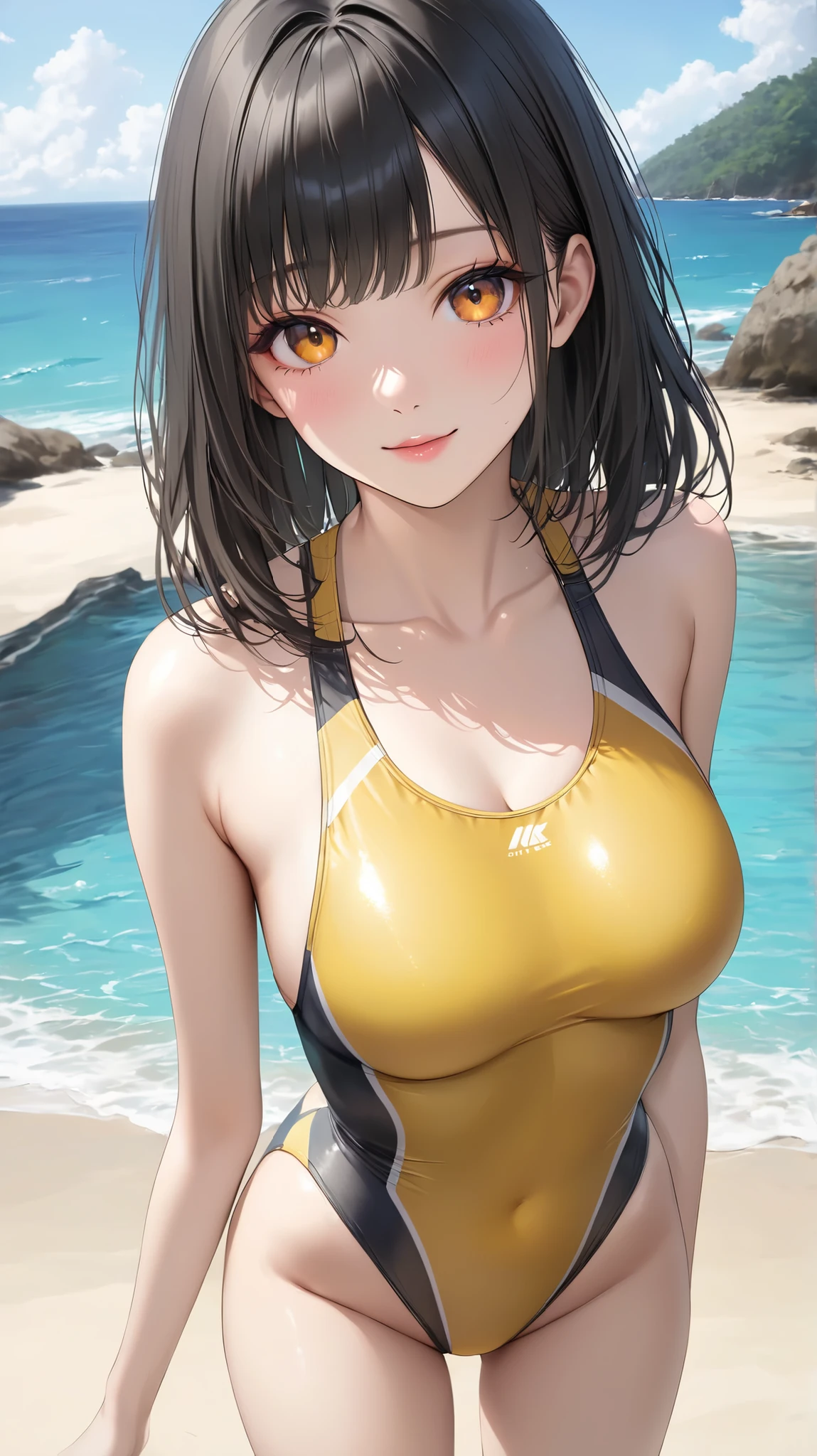 (high resolution, upper body, soft skin:1.2),(best illustration,masterpiece:1.2),ultra-detailed,[(cat ears , black inside:1.2, black ponytail hair, gold cat eyes),vivid colors,sharp focus, sunlight,bokeh, wearing a gold bikini, beach background, smiling, holding a large beach ball